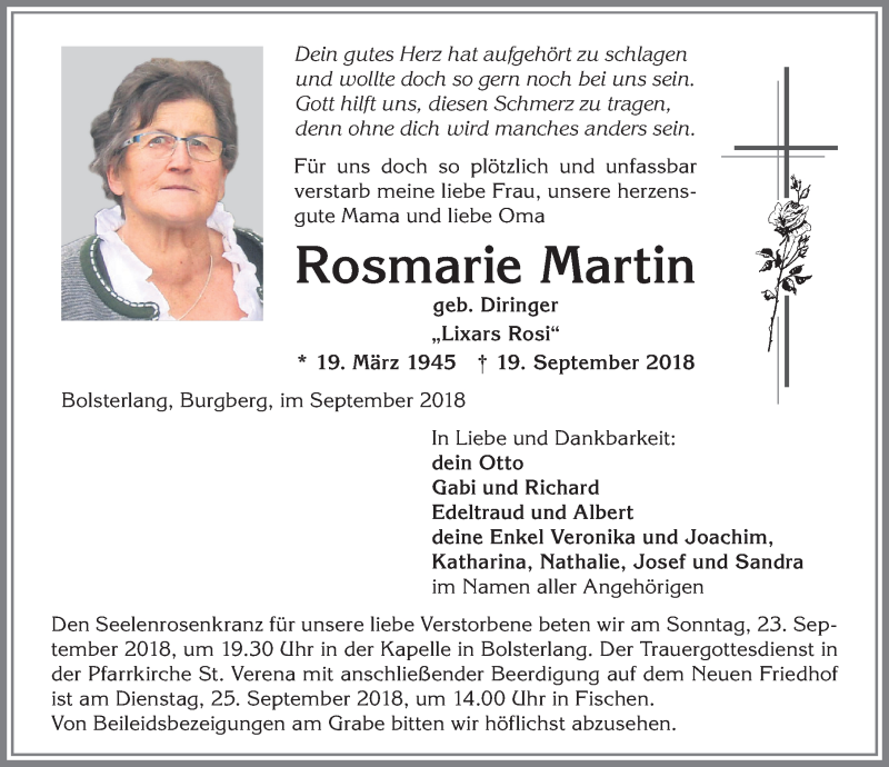  Traueranzeige für Rosmarie Martin vom 22.09.2018 aus Allgäuer Anzeigeblatt
