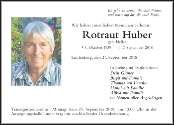 Traueranzeige von Rotraut Huber von Der Westallgäuer
