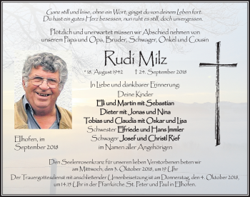 Traueranzeige von Rudi Milz von Der Westallgäuer