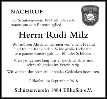 Traueranzeige von Rudi Milz von Der Westallgäuer