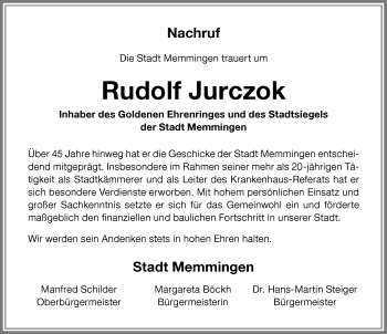 Traueranzeige von Rudolf Jurczok von Memminger Zeitung