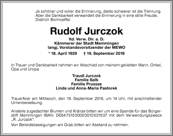Traueranzeige von Rudolf Jurczok von Memminger Zeitung