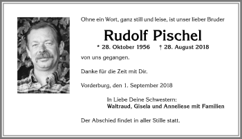Traueranzeige von Rudolf Pischel von Allgäuer Anzeigeblatt