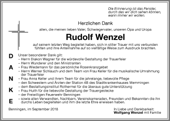Traueranzeige von Rudolf Wenzel von Memminger Zeitung