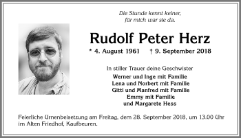 Traueranzeige von Rudolf Peter Herz von Allgäuer Zeitung, Kaufbeuren/Buchloe