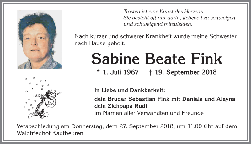 Traueranzeige für Sabine Beate Fink vom 24.09.2018 aus Allgäuer Zeitung, Kaufbeuren/Buchloe