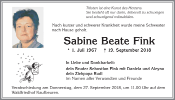 Traueranzeige von Sabine Beate Fink von Allgäuer Zeitung, Kaufbeuren/Buchloe