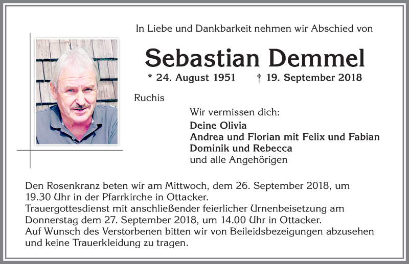  Traueranzeige für Sebastian Demmel vom 24.09.2018 aus Allgäuer Zeitung,Kempten