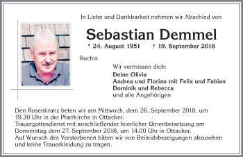 Traueranzeige von Sebastian Demmel von Allgäuer Zeitung,Kempten