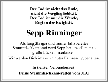 Traueranzeige von Sepp Rinninger von Memminger Zeitung