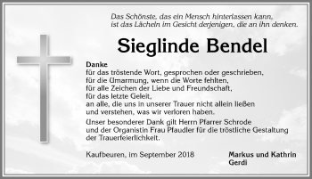 Traueranzeige von Sieglinde Bendel von Allgäuer Zeitung, Kaufbeuren/Buchloe