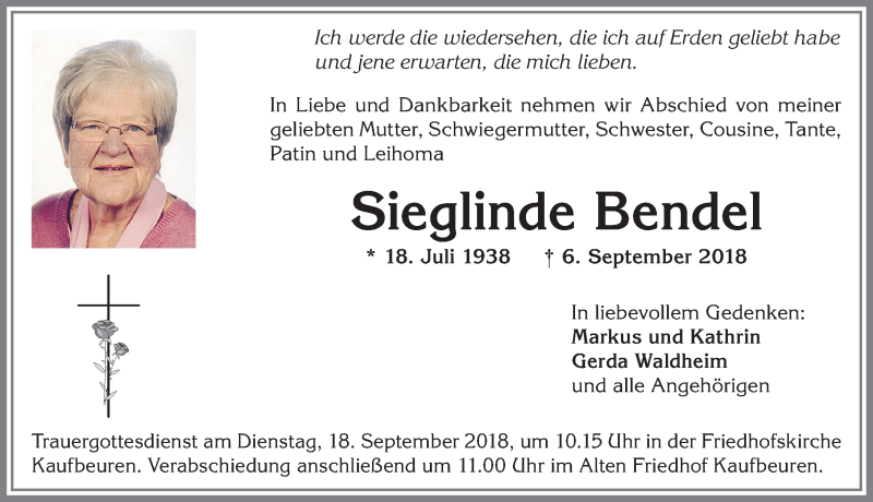  Traueranzeige für Sieglinde Bendel vom 11.09.2018 aus Allgäuer Zeitung, Kaufbeuren/Buchloe