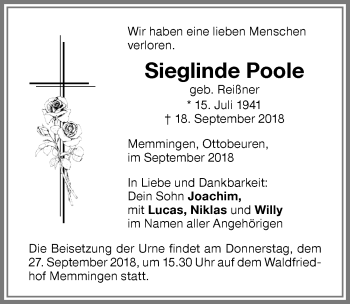 Traueranzeige von Sieglinde Poole von Memminger Zeitung