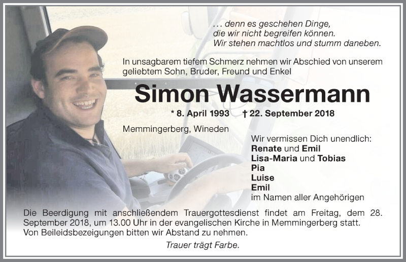  Traueranzeige für Simon Wassermann vom 26.09.2018 aus Memminger Zeitung