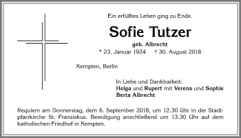 Traueranzeige von Sofie Tutzer von Allgäuer Zeitung,Kempten