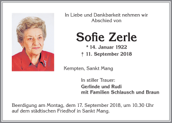 Traueranzeige von Sofie Zerle von Allgäuer Zeitung,Kempten