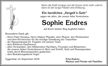 Traueranzeige von Sophie Endres von Allgäuer Zeitung, Kaufbeuren/Buchloe