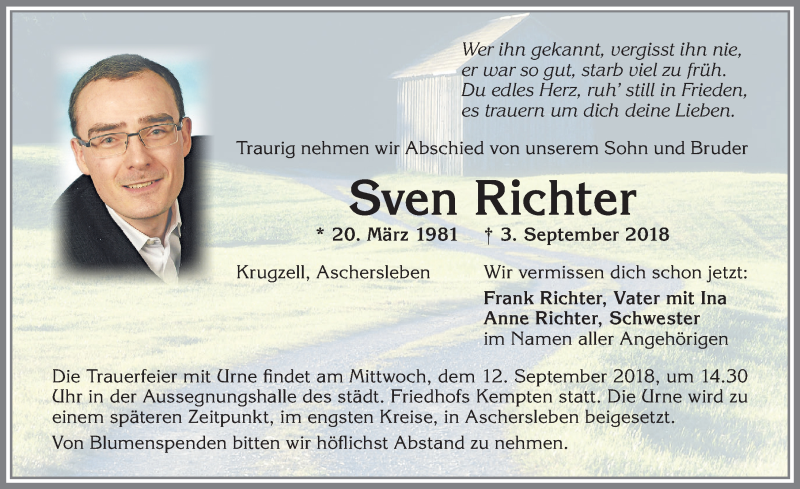  Traueranzeige für Sven Richter vom 08.09.2018 aus Allgäuer Zeitung,Kempten