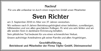 Traueranzeige von Sven Richter von Allgäuer Zeitung,Kempten