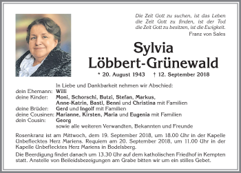 Traueranzeige von Sylvia Löbbert-Grünewald von Allgäuer Zeitung,Kempten