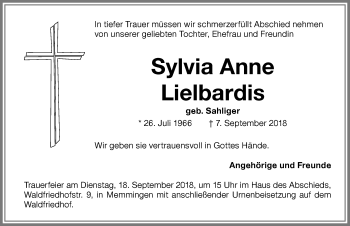 Traueranzeige von Sylvia Anne Lielbardis von Memminger Zeitung