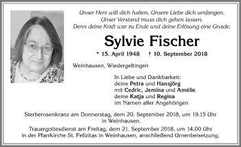 Traueranzeige von Sylvie Fischer von Allgäuer Zeitung, Kaufbeuren/Buchloe