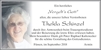Traueranzeige von Thekla Schinzel von Allgäuer Zeitung, Füssen