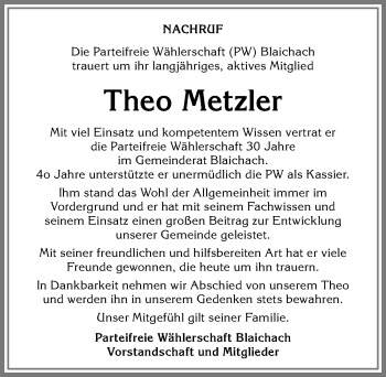 Traueranzeige von Theo Metzler von Allgäuer Anzeigeblatt