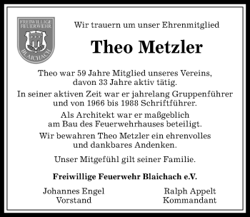 Traueranzeige von Theo Metzler von Allgäuer Anzeigeblatt