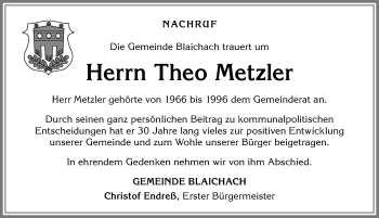 Traueranzeige von Theo Metzler von Allgäuer Anzeigeblatt