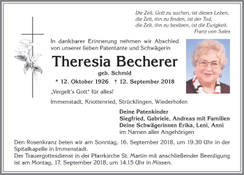 Traueranzeige von Theresia Becherer von Allgäuer Anzeigeblatt