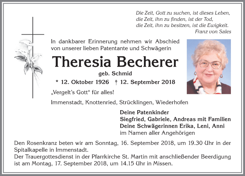  Traueranzeige für Theresia Becherer vom 15.09.2018 aus Allgäuer Anzeigeblatt