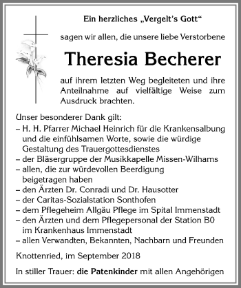 Traueranzeige von Theresia Becherer von Allgäuer Anzeigeblatt