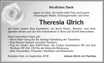 Traueranzeige von Theresia Ulrich von Allgäuer Zeitung,Kempten