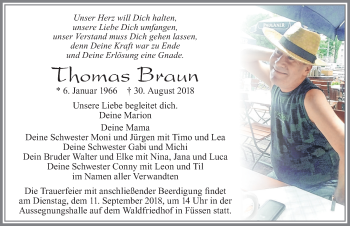 Traueranzeige von Thomas Braun von Allgäuer Zeitung, Füssen