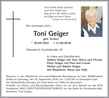 Traueranzeige von Toni Geiger von Allgäuer Anzeigeblatt
