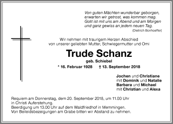 Traueranzeige von Trude Schanz von Memminger Zeitung