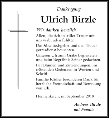 Traueranzeige von Ulrich Birzle von Der Westallgäuer