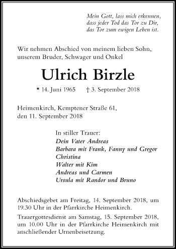 Traueranzeige von Ulrich Birzle von Der Westallgäuer