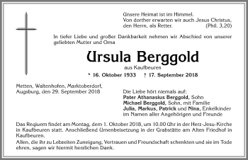 Traueranzeige von Ursula Berggold von Allgäuer Zeitung, Kaufbeuren/Buchloe