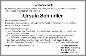 Traueranzeige von Ursula Schindler von Memminger Zeitung
