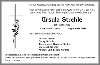Traueranzeige von Ursula Strehle von Allgäuer Zeitung, Marktoberdorf