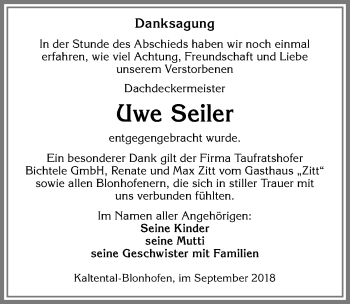 Traueranzeige von Uwe Seiler von Allgäuer Zeitung, Kaufbeuren/Buchloe