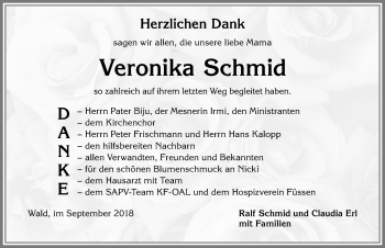 Traueranzeige von Veronika Schmid von Allgäuer Zeitung, Marktoberdorf
