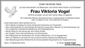 Traueranzeige von Viktoria Vogel von Memminger Zeitung