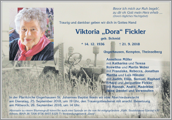 Traueranzeige von Viktoria Dora Fickler von Memminger Zeitung