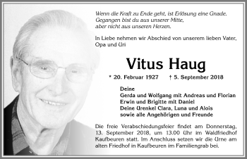 Traueranzeige von Vitus Haug von Allgäuer Zeitung, Kaufbeuren/Buchloe