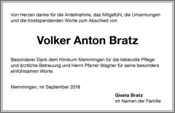 Traueranzeige von Volker Anton Bratz von Memminger Zeitung