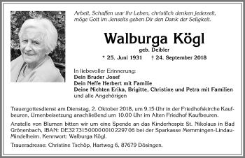 Traueranzeige von Walburga Kögl von Allgäuer Zeitung, Kaufbeuren/Buchloe