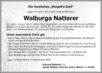 Traueranzeige von Walburga Natterer von Memminger Zeitung